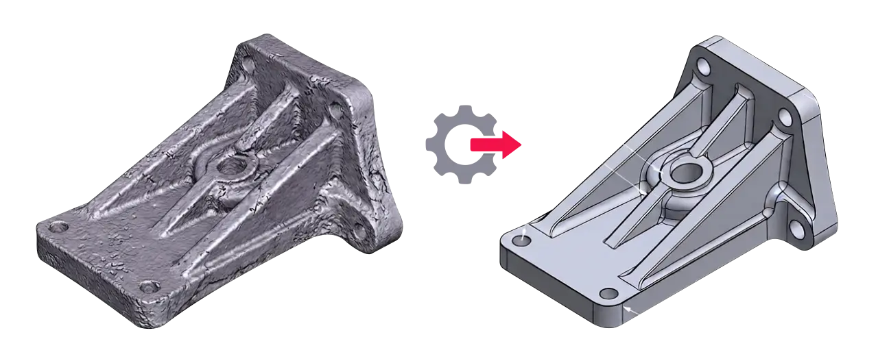 Raw 3D scan on the left converted into a fully-dimensioned parametric CAD model on the right